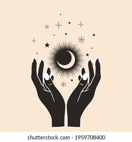 Hand drawn card of mystical Moon with woman`s hands, stars in line art. Spiritual symbol celestial space. Magic talisman, antique style, boho, tattoo. Astrology, astronomy vector illustration