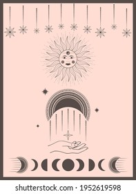 Hand drawn card of mystical Sun with woman`s face, moon, hand, star in line art. Spiritual symbol celestial space. Magic talisman, antique style, boho, tattoo. Astrology, astronomy vector illustration