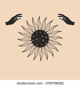 Hand drawn card of mystical Sun with woman`s hands, stars in line art. Spiritual symbol celestial space. Magic talisman, antique style, boho, tattoo, logo. Astrology, astronomy vector illustration