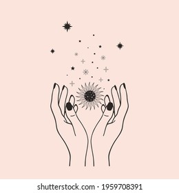 Hand drawn card of mystical Sun with woman`s hands, stars in line art. Spiritual symbol celestial space. Magic talisman, antique style, boho, tattoo, logo. Astrology, astronomy vector illustration