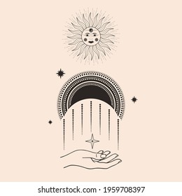 Hand drawn card of mystical Sun with woman`s face, moon, hand, star in line art. Spiritual symbol celestial space. Magic talisman, antique style, boho, tattoo. Astrology, astronomy vector illustration