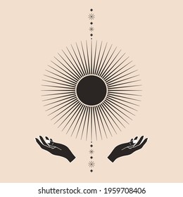 Hand drawn card of mystical Sun with woman`s hands, stars in line art. Spiritual symbol celestial space. Magic talisman, antique style, boho, tattoo, logo. Astrology, astronomy vector illustration