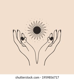 Hand drawn card of mystical Sun with woman`s hands, stars in line art. Spiritual symbol celestial space. Magic talisman, antique style, boho, tattoo, logo. Astrology, astronomy vector illustration