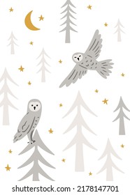 Hand drawn card with owls in the woods. Cute childish illustration with forest animals and plants. Charming poster for nursery design, prints and apparel. Scandinavian vector illustration