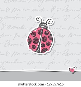 hand drawn card with pink ladybird on gray background