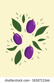 Hand drawn card with plums and leaves. Retro poster with with plums. Vector illustration. Trendy summer backgrounds in pastel colors