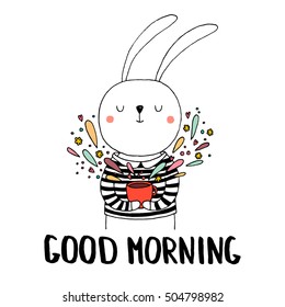 Hand drawn card with rabbit and text Good Morning made in vector