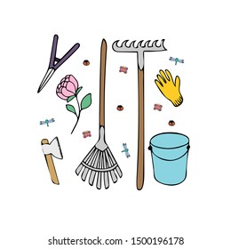 Hand drawn card. rake, garden tools'. Vector illustration. EPS 10