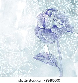 Hand drawn card with rose on blue paper background vector