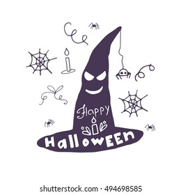 Hand drawn card with scary face, witch hat and hand lettering phrase Happy Halloween.