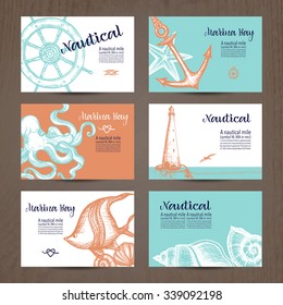 Hand drawn card set with nautical symbols isolated vector illustration