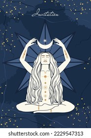 Tarjeta dibujada a mano de una silueta mística mujer con Sol, Luna, arte en línea estrella. Mujer joven abstracta espiritual, concepto femenino. Colección mágica, talismán esotérico. Ilustración de conjunto de esbozo de vector