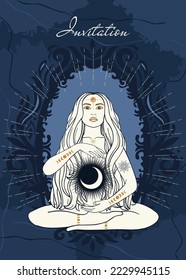 Hand drawn card of silhouette mystical woman with Sun, Moon, star in line art. Spiritual abstract young woman, feminine concept. Magic collection, esoteric talisman. Vector sketch set illustration