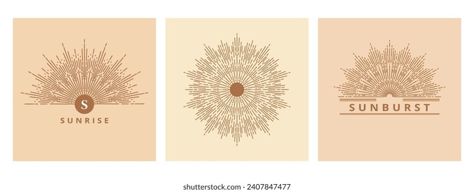 Tarjeta dibujada a mano de sol, ráfagas de sol, rayos de luz en el arte de la línea. Símbolo bohemio que rebosa rayos solares. Colección vintage mágica, estilo antiguo, boho, tatuaje, emblema, logo. ​ Vector muestra la ilustración en beige