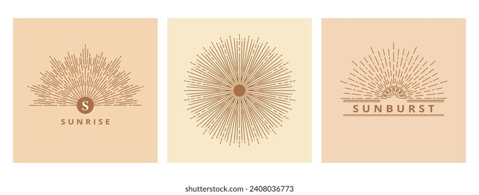 Hand drawn card of Sun, sunburst, light rays in line art. Bohemian symbol bursting sun rays. Magic vintage collection, antique style, boho, tattoo, emblem, logo. ​Vector set illustration on beige