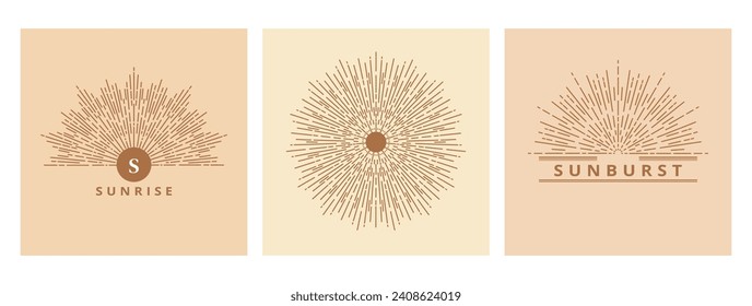 Hand drawn card of Sun, sunburst, light rays in line art. Bohemian symbol bursting sun rays. Magic vintage collection, antique style, boho, tattoo, emblem, logo. ​Vector set illustration on beige
