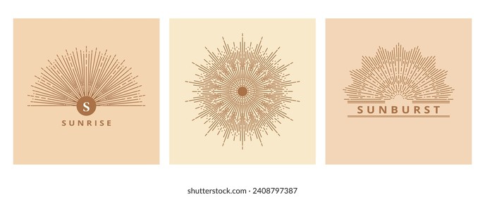 Hand drawn card of Sun, sunburst, light rays in line art. Bohemian symbol bursting sun rays. Magic vintage collection, antique style, boho, tattoo, emblem, logo. ​Vector set illustration on beige