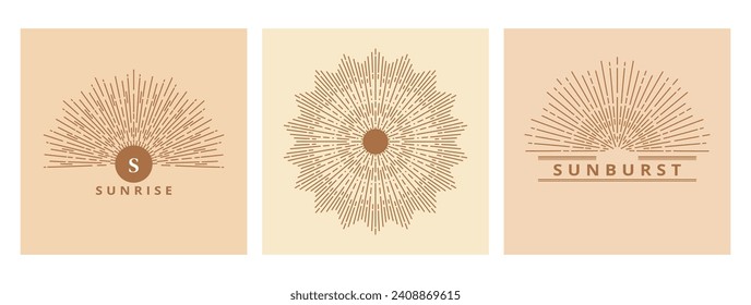 Hand drawn card of Sun, sunburst, light rays in line art. Bohemian symbol bursting sun rays. Magic vintage collection, antique style, boho, tattoo, emblem, logo. ​Vector set illustration on beige