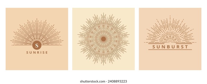 Hand drawn card of Sun, sunburst, light rays in line art. Bohemian symbol bursting sun rays. Magic vintage collection, antique style, boho, tattoo, emblem, logo. ​Vector set illustration on beige