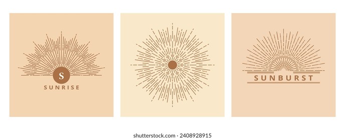 Hand drawn card of Sun, sunburst, light rays in line art. Bohemian symbol bursting sun rays. Magic vintage collection, antique style, boho, tattoo, emblem, logo. ​Vector set illustration on beige