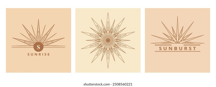 Hand drawn card of Sun, sunburst, light rays in line art. Bohemian symbol bursting sun rays. Magic vintage collection, antique style, boho, tattoo, emblem, logo. ​Vector set illustration on beige