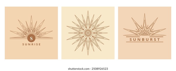 Hand drawn card of Sun, sunburst, light rays in line art. Bohemian symbol bursting sun rays. Magic vintage collection, antique style, boho, tattoo, emblem, logo. ​Vector set illustration on beige