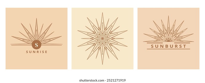 Hand drawn card of Sun, sunburst, light rays in line art. Bohemian symbol bursting sun rays. Magic vintage collection, antique style, boho, tattoo, emblem, logo. ​Vector set illustration on beige