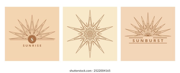 Hand drawn card of Sun, sunburst, light rays in line art. Bohemian symbol bursting sun rays. Magic vintage collection, antique style, boho, tattoo, emblem, logo. ​Vector set illustration on beige