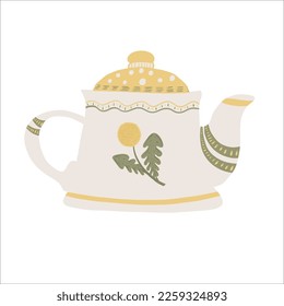 Hand drawn card with teapot. Scandinavian style illustration, with dandelion flower,  modern and elegant home decor. Vector print design.