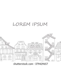 Hand drawn card template with cute hand drawn houses. Vector city street collection