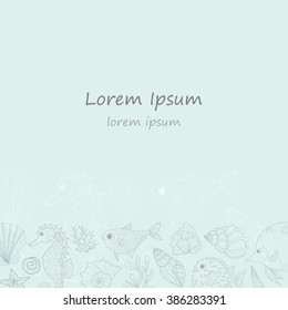 Hand drawn card template with fish, sea shells and algae. Vector