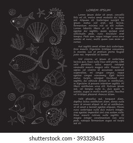 Hand drawn card template with fish, sea shells and algae. Vector