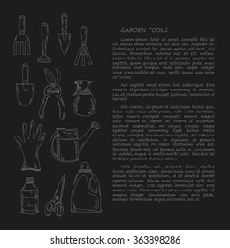 Hand drawn card template with garden tools. Vector collection