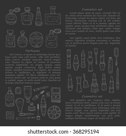 Hand drawn card template with make-up products and perfumes. Vector hand drawn make-up collection.