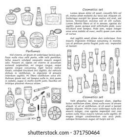 Hand drawn card template with make-up products and perfumes. Vector hand drawn make-up collection.