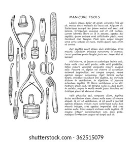 Hand drawn card template with manicure tools including scissors, nail polish, nail clippers, pushers and others. Vector hand drawn manicure collection.