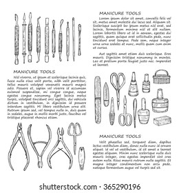 Hand drawn card template with manicure tools including scissors, nail polish, nail clippers, pushers and others. Vector hand drawn manicure collection.