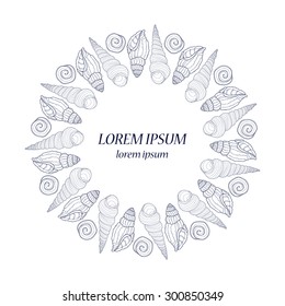 Hand drawn card template with sea shells and algae. Vector