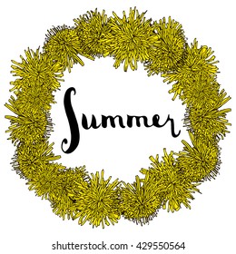 Hand drawn card template with yellow summer flowers - dandelions. With calligraphy text "Summer".