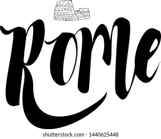 Hand drawn card with text Rome and hand drawn vector colosseum. 


