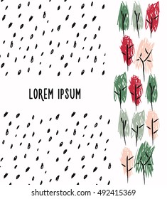 Hand drawn card with trees and strokes,artistic vector illustration