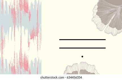 Hand drawn card in tropical style. Pastel colors. Ginkgo biloba design  and brush strokes.Birthday, anniversary, Valentine’s day, party invitations, wedding, covers.