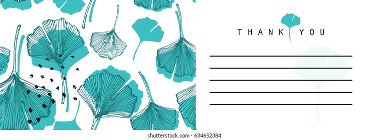 Hand drawn card in tropical style. Vibrant and fresh colors. Ginkgo biloba design.Birthday, anniversary, Valentin’s day, party invitations, wedding, covers.

