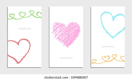 Hand drawn card with valentine`s day love heart and text set. Hand drawing crayon or pastel chalk line art. Soft color design elements, vector background.