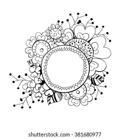 Hand drawn card. Various doodle flowers and leaves, label with space for text on white background.