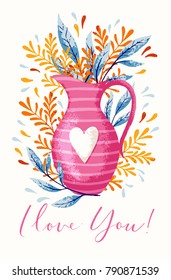 Hand drawn card vector design with vase and flowers and I love you text. Bouquet of flowers and little hearts best for card, poster, banner, invitation, love card.