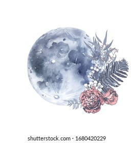 Hand drawn card with watercolor full moon and sketched flowers. Vector illustration. Great for your cards, invitations, textile or wedding designs