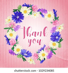 Hand drawn card with Wild flowers wreath. Thank you concept. Spring summer decor frame. Vector illustration