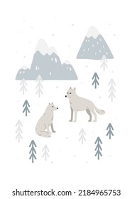 Hand drawn card with wolves in the woods. Cute childish illustration with forest animals and plants. Charming poster for nursery design, prints and apparel. Colored scandinavian vector illustration