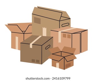 Hand drawn cardboard boxes. Stacked cargo boxes, packages pile, warehouse box stack. Moving or delivery concept flat vector illustration